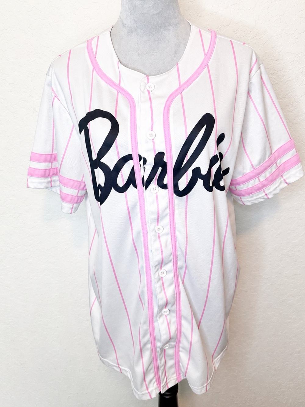 Barbie Pink Pinstripe Baseball Jersey Button Front Graphic Top Size M